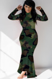Camouflage Cotton Sexy Cap Sleeve Long Sleeves Turtleneck Step Skirt Floor-Length camouflage Leopard Print
