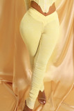 Yellow Polyester Elastic Fly High Solid Split Draped Boot Cut Pants Bottoms