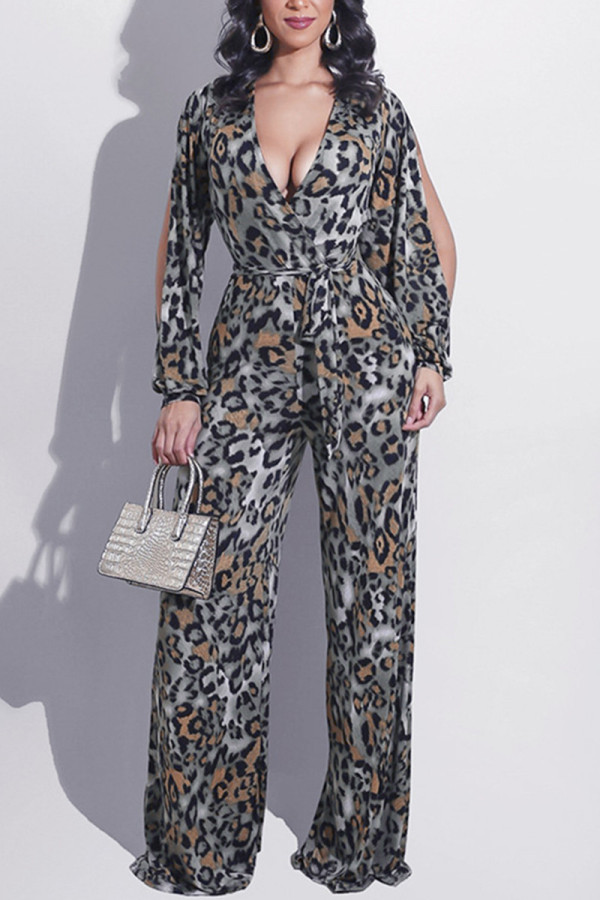 Leopard Print Fashion Casual Leopard Hollowed Out V Neck Regular Jumpsuits