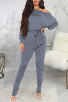 Grey Casual Solid Fold One Shoulder Skinny Jumpsuits