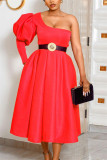 Red Fashion Casual Solid Without Belt Oblique Collar Dresses