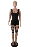 Black Fashion Casual Patchwork Hole Burn-out Solid Sleeveless Slip Jumpsuits