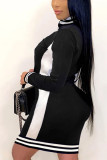 Tibetan Blue Sportswear Solid Patchwork Turndown Collar Pencil Skirt Dresses