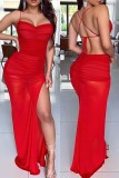 Red Fashion Sexy Solid See-through Backless Slit Sling Dress
