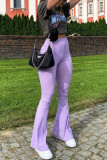Purple Casual Solid Boot Cut High Waist Trousers