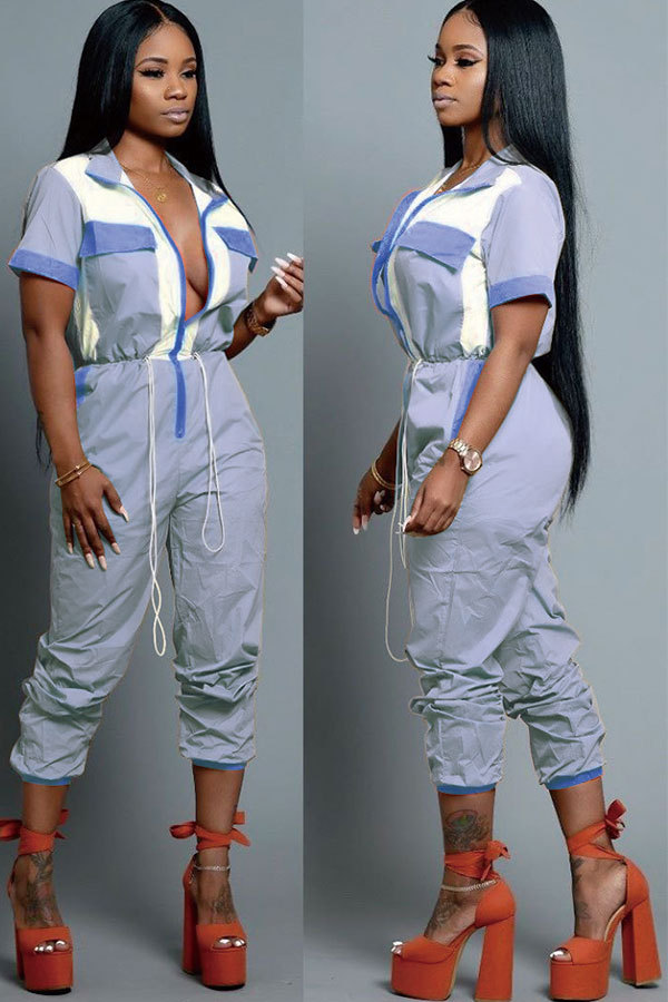 Blue Sexy Fashion Casual Print zipper Patchwork Short Sleeve Turndown Collar