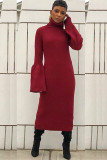 Black Polyester Sexy Bell sleeve Long Sleeves Turtleneck Step Skirt Mid-Calf asymmetrical Solid Patchwork