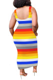 colour Polyester Fashion Sexy adult colour Tank Sleeveless Slip Step Skirt Ankle-Length Striped Print Patchwork Dresses