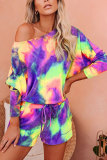 purple Fashion Casual adult Patchwork Print Tie Dye Gradient Two Piece Suits Straight Half Sleeve Two Pieces