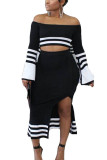 Black Sexy Polyester Striped Solid High Opening Strapless Long Sleeve Flare Sleeve Short Two Pieces