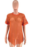 Orange O Neck Short Sleeve Solid Patchwork HOLLOWED OUT Tees & T-shirts