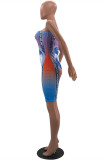 Blue Fashion Sexy Print Backless Strapless Skinny Romper