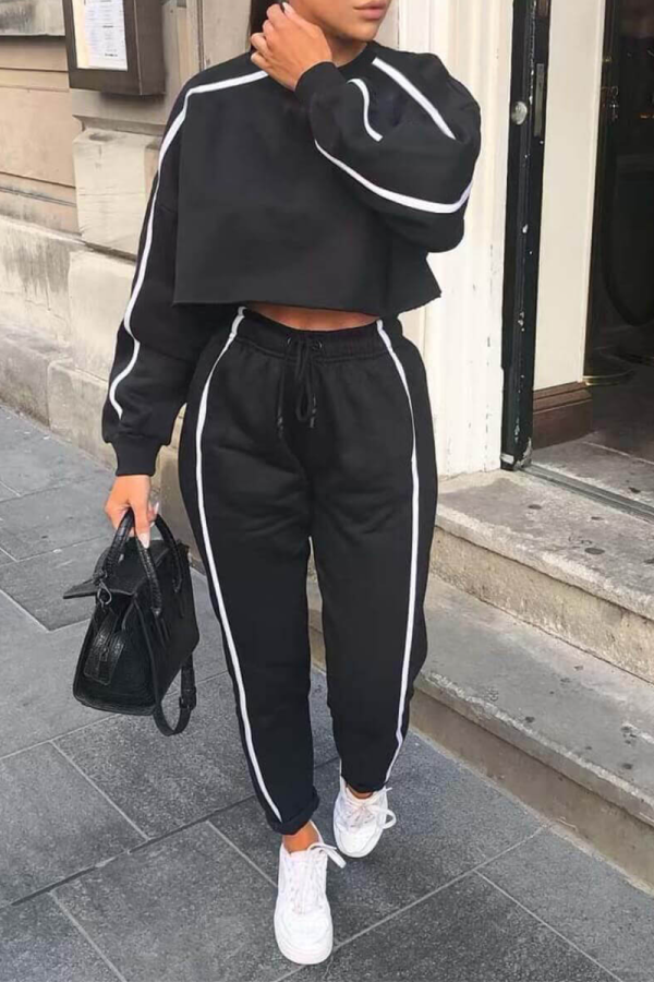 Black Casual Solid Patchwork O Neck Long Sleeve Two Pieces