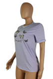 Purple Casual Print Patchwork O Neck T-Shirts