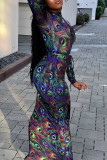 Multicolor Sexy Print O Neck Wrapped Skirt Dresses