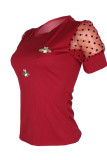 Red Fashion Casual Embroidery Patchwork O Neck Tops