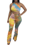 Yellow Polyester Fashion Casual Print backless Tie Dye Two Piece Suits Loose Sleeveless Two Pieces