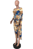 Baby Blue Sexy Print Patchwork Slit O Neck Wrapped Skirt Dresses