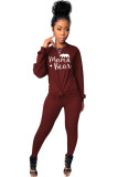 Wine Red Celebrities Two Piece Suits Print pencil Long Sleeve Two-piece Pants Set