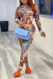 Multicolor Fashion Sexy Print See-through O Neck Long Sleeve Two Pieces