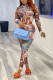 Khaki Fashion Sexy Print See-through O Neck Long Sleeve Two Pieces