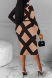 Black Sexy Print Split Joint V Neck Pencil Skirt Dresses