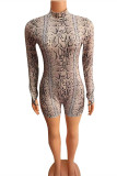 Coffee Fashion Sexy Print Basic Turtleneck Long Sleeve Dresses