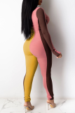 Yellow Casual Color Block Split Joint Zipper Collar Skinny Jumpsuits