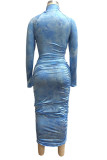 Blue Polyester OL Long Sleeves Turtleneck Hip skirt Ankle-Length Print Draped Dresses