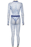 Blue Fashion Sexy Adult Print Patchwork See-through O Neck Long Sleeve Regular Sleeve Regular Two Pieces