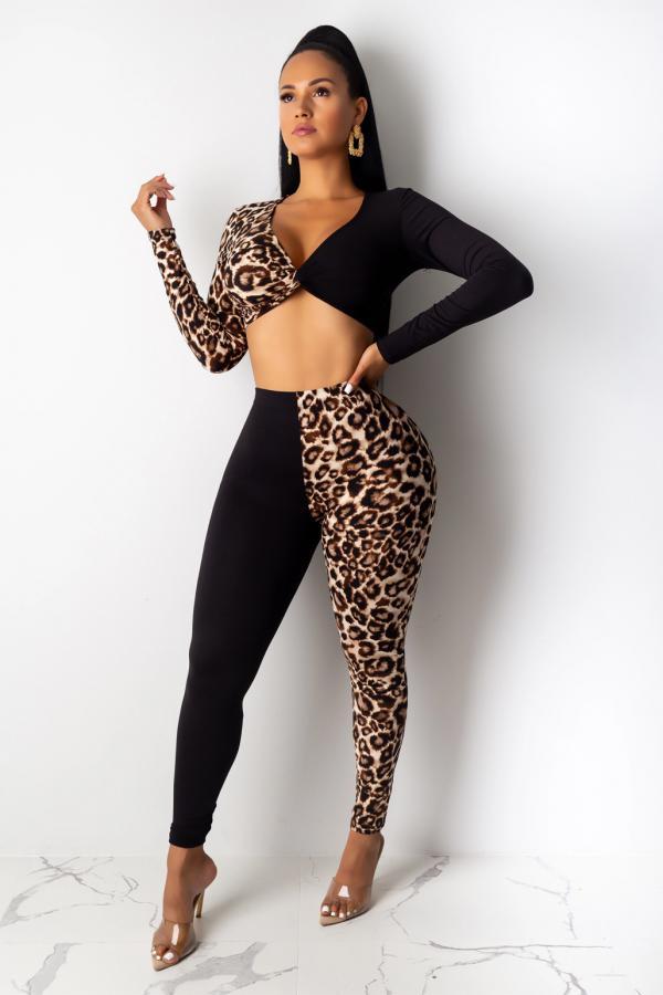 Black Fashion adult Sexy crop top Patchwork Two Piece Suits Leopard pencil Long Sleeve Two-piec