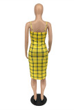 Yellow Fashion Sexy Plaid Print Backless Spaghetti Strap Sleeveless Dress