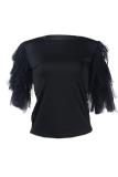 White O Neck Half Sleeve Mesh Solid Patchwork
