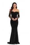 White Polyester Sexy Fashion adult Off The Shoulder Long Sleeves One word collar Mermaid Floor-Length Soli