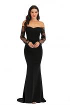 Black Polyester Sexy Fashion adult Off The Shoulder Long Sleeves One word collar Mermaid Floor-Length Soli