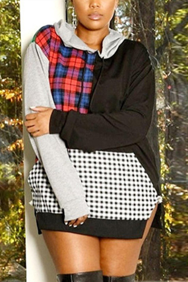 Black Fashion Casual Patchwork Basic Hooded Collar Tops