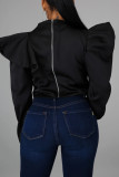 White Fashion Casual Solid Patchwork Flounce Half A Turtleneck Tops