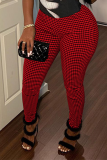 Red Casual Plaid Patchwork Skinny Mid Waist Pencil Patchwork Bottoms