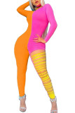 Orange Fashion Casual Adult Milk Fiber Patchwork Solid Ripped Split Joint O Neck Skinny Jumpsuits