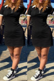 Black Sexy Casual Solid Basic Turndown Collar Short Sleeve Dress