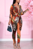 Leopard Print Fashion Casual Print Basic Turndown Collar Long Sleeve Two Pieces
