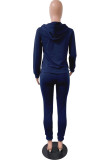 Navy Blue Sexy Casual Blends Solid Draw String Pocket Hooded Collar Long Sleeve Regular Sleeve Regular Two Pieces