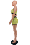 Yellow Sexy Print Patchwork V Neck Sleeveless Two Pieces