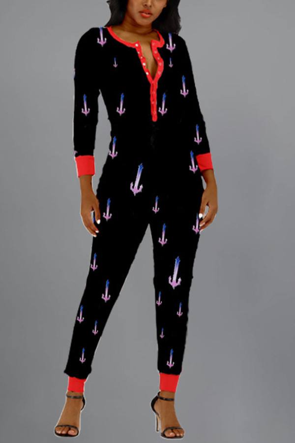 Black Street Print O Neck Skinny Jumpsuits