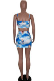 Blue Milk Silk Casual Print Hip skirt Sleeveless Two Pieces