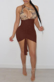 Coffee Fashion Sexy Patchwork Print Hollowed Out Backless One Shoulder Sleeveless Dress