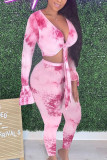 Pink Sexy Daily Print Tie-dye V Neck Long Sleeve Two Pieces