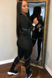 Black OL Two Piece Suits Patchwork Mesh Solid pencil Long Sleeve