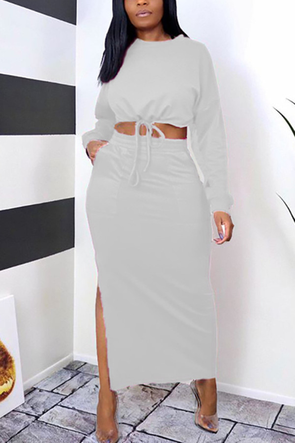 White Fashion Casual Solid Slit O Neck Long Sleeve Two Pieces