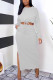 White Fashion Casual Solid Slit O Neck Long Sleeve Two Pieces